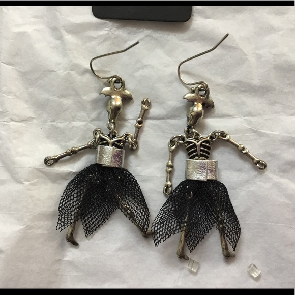 Bat and Skeleton Wearing Dress Dangle Earrings - Picture 6 of 8